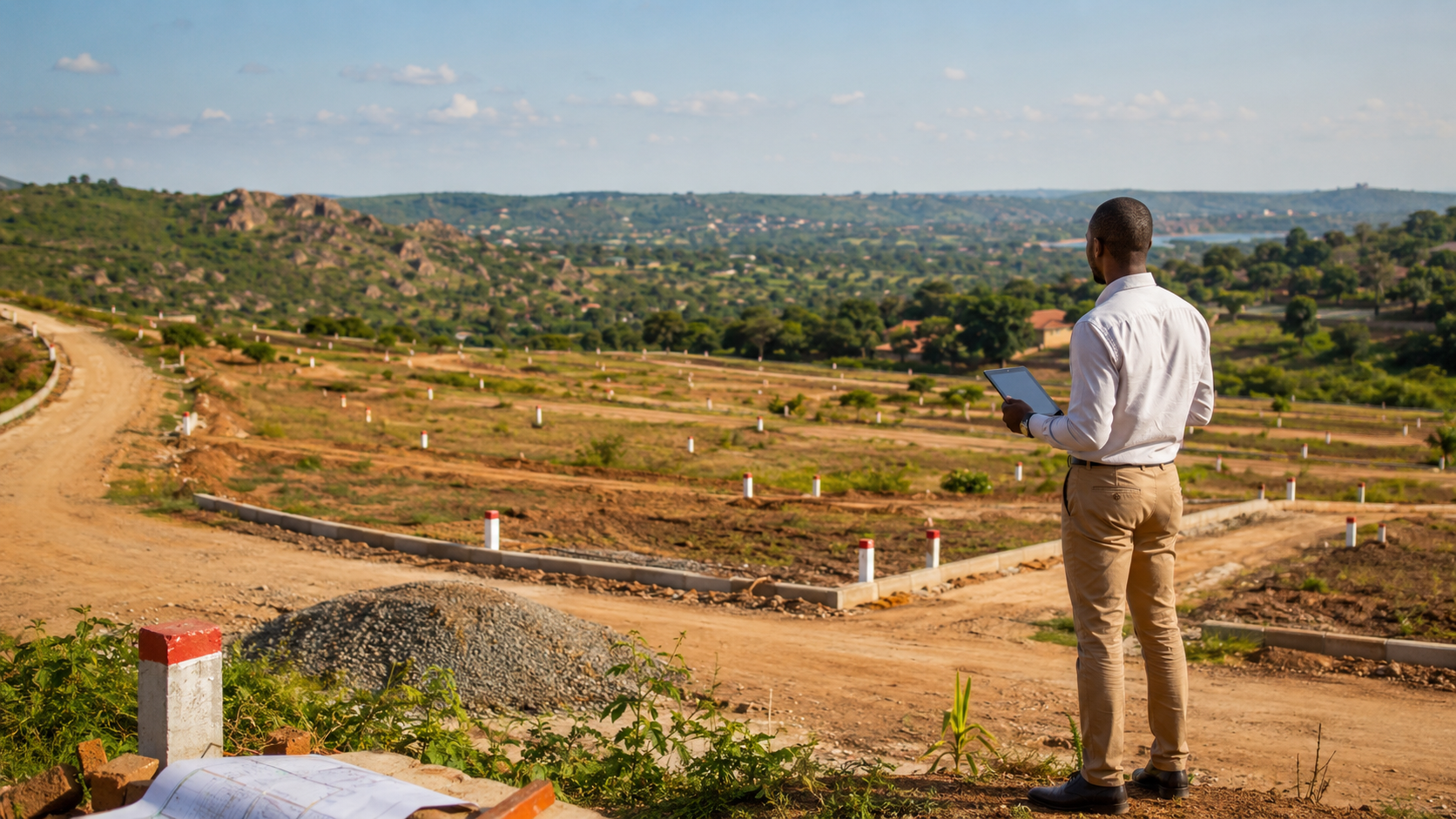 Professional photo of a planned land development site with surveyed plots